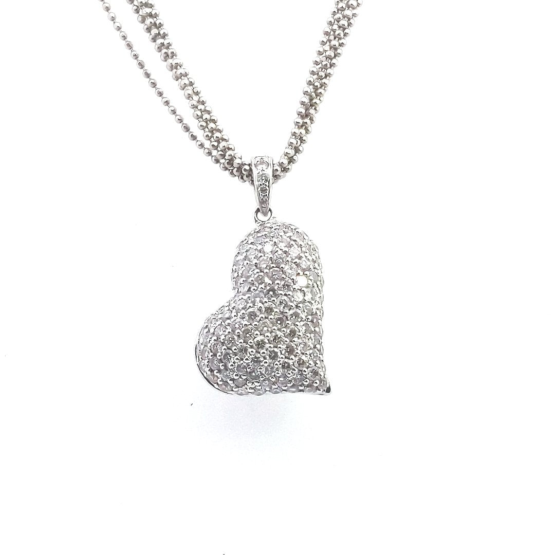 Estate $3000 18K White Gold Pave Set Diamond Puff Heart 5 Strand Necklace