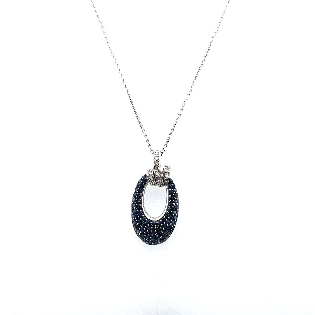 Estate $600 14K White Gold Sapphire Diamond Oval Pendant Necklace