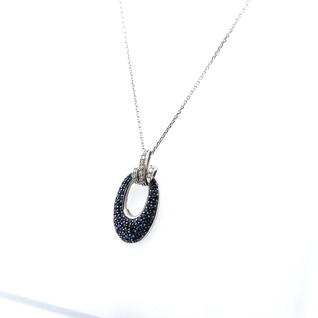 Estate $600 14K White Gold Sapphire Diamond Oval Pendant Necklace