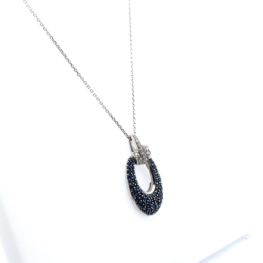 Estate $600 14K White Gold Sapphire Diamond Oval Pendant Necklace