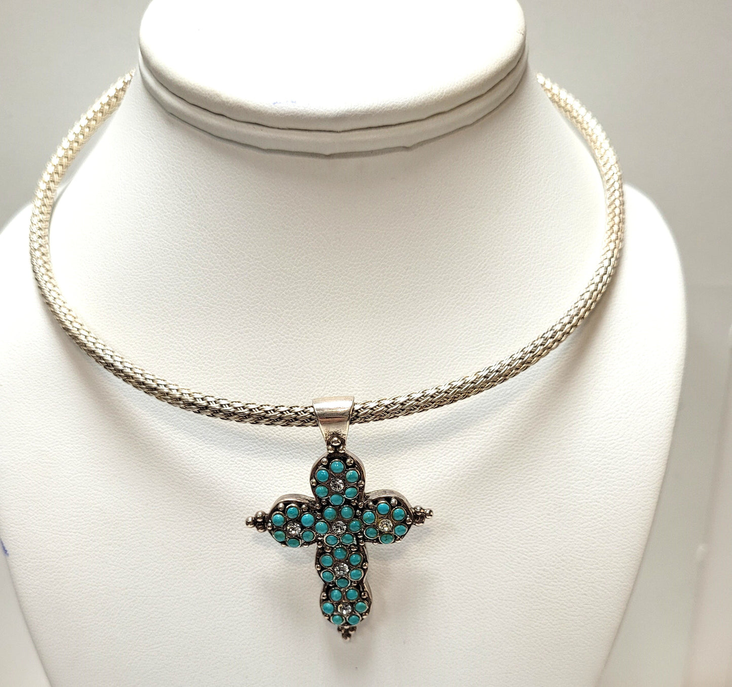 Designer $170 Sterling Silver Barse Turquoise CZ Cross Necklace