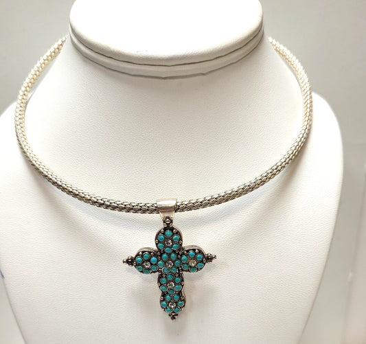 Designer $170 Sterling Silver Barse Turquoise CZ Cross Necklace