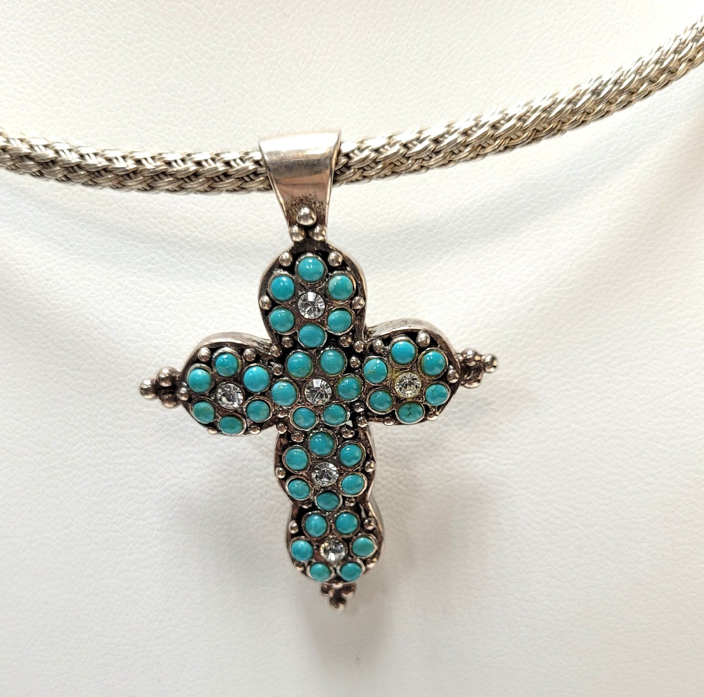 Designer $170 Sterling Silver Barse Turquoise CZ Cross Necklace