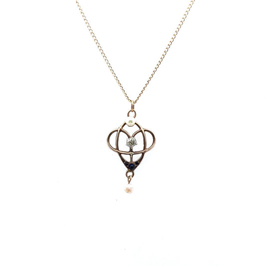 Antique 14K Yellow Gold Diamond Pearl Blue Paste Lavalier Necklace