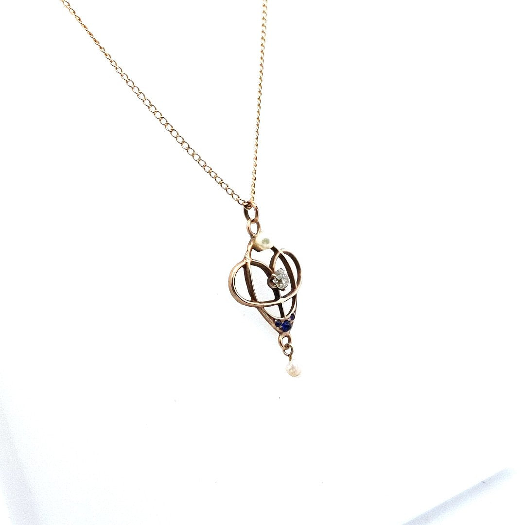 Antique 14K Yellow Gold Diamond Pearl Blue Paste Lavalier Necklace
