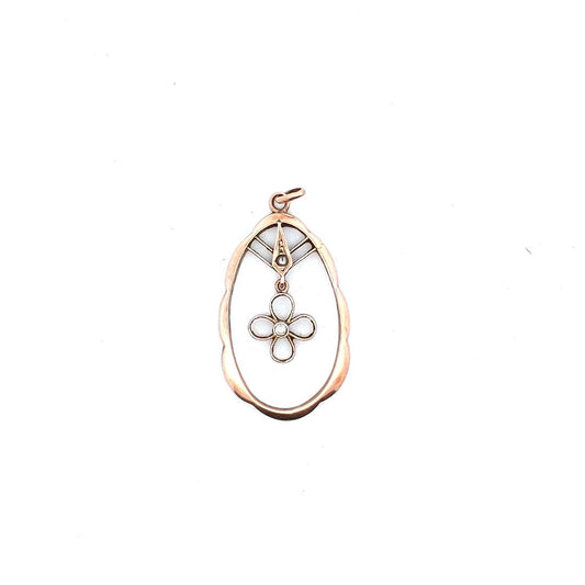 Vintage $200 10K White Gold Seed Pearl Diamond Flower Drop Pendant
