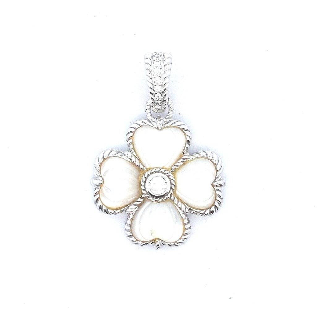 Designer $100 Judith Ripka Sterling Mother of Pearl CZ 4 Leaf Clover Pendant