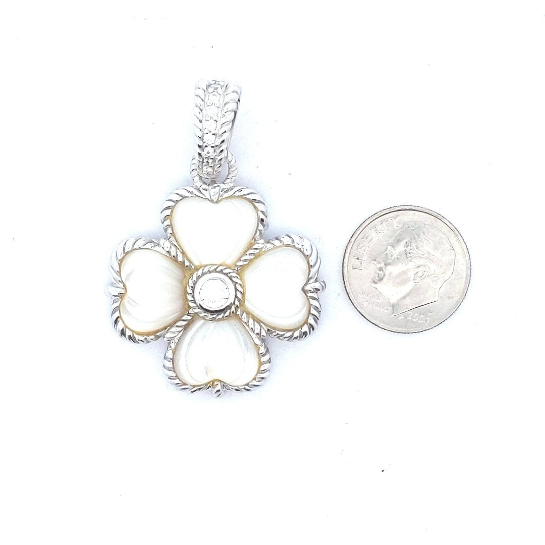 Designer $100 Judith Ripka Sterling Mother of Pearl CZ 4 Leaf Clover Pendant