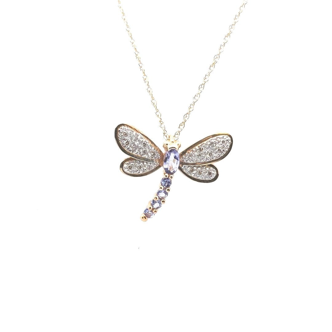 Estate $350 14K Gold Tanzanite Diamond Dragonfly Necklace