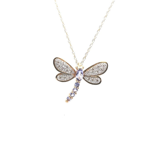 Estate $350 14K Gold Tanzanite Diamond Dragonfly Necklace