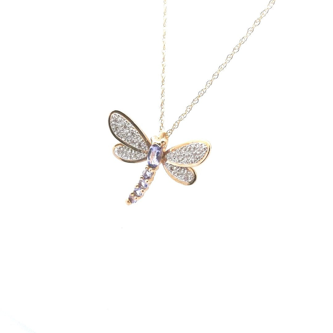 Estate $350 14K Gold Tanzanite Diamond Dragonfly Necklace