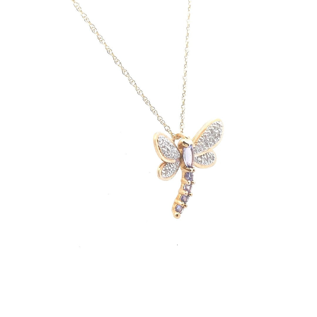 Estate $350 14K Gold Tanzanite Diamond Dragonfly Necklace