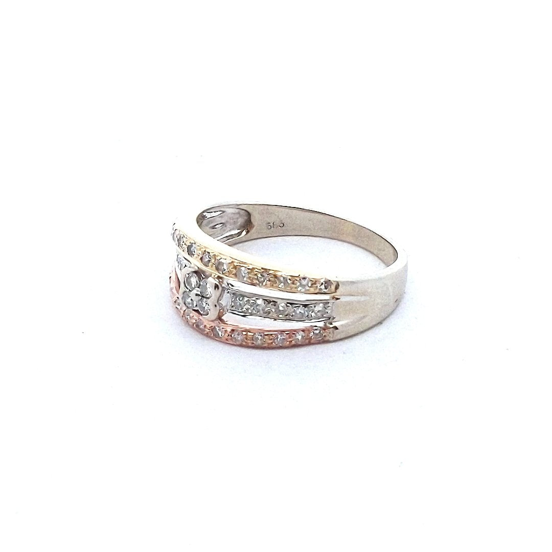 Estate $800 14K Tri Color Gold Diamond 3 Row Ring