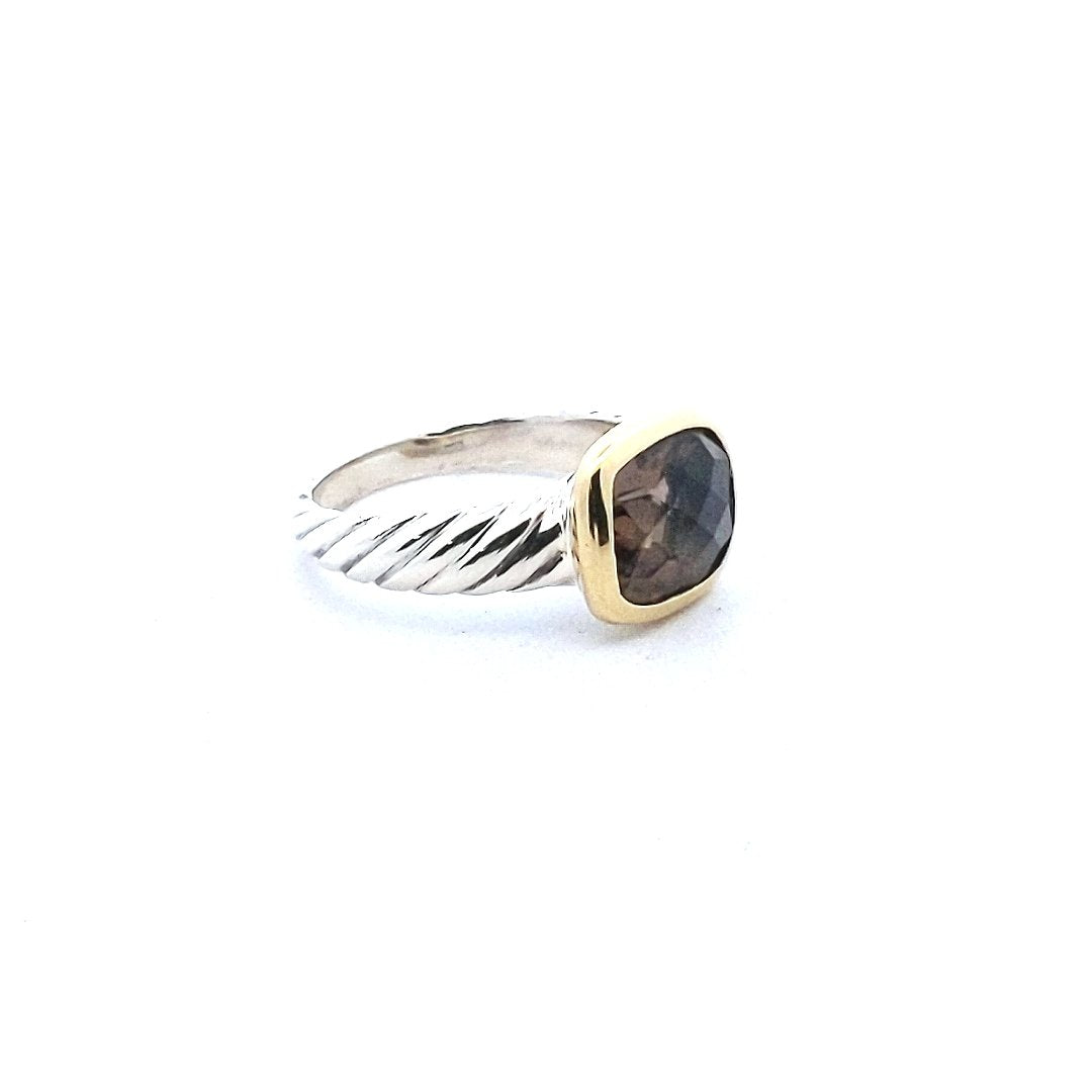 18K Yellow Gold Sterling David Yurman Checkerboard Smokey Quartz Ring