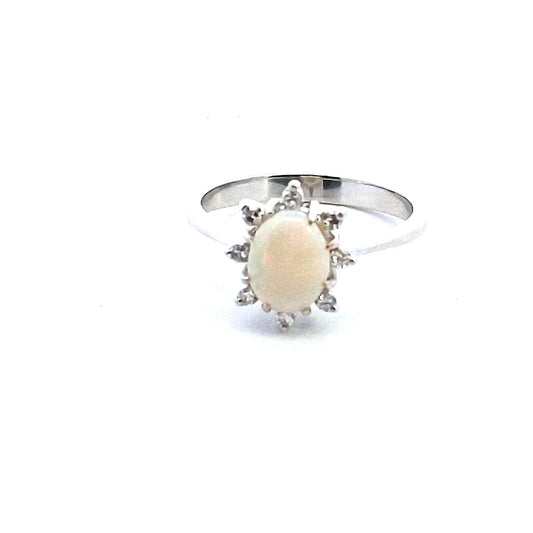 Vintage $390 14K White Gold Oval Opal Diamond Ring