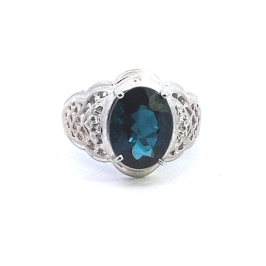 Vintage $1300 14K White Gold Lattice Oval Blue Tourmaline Diamond Ring