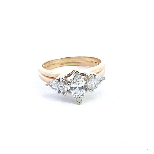 Vintage $1300 14K Two Tone Gold Marquise Trillion Diamond Ring