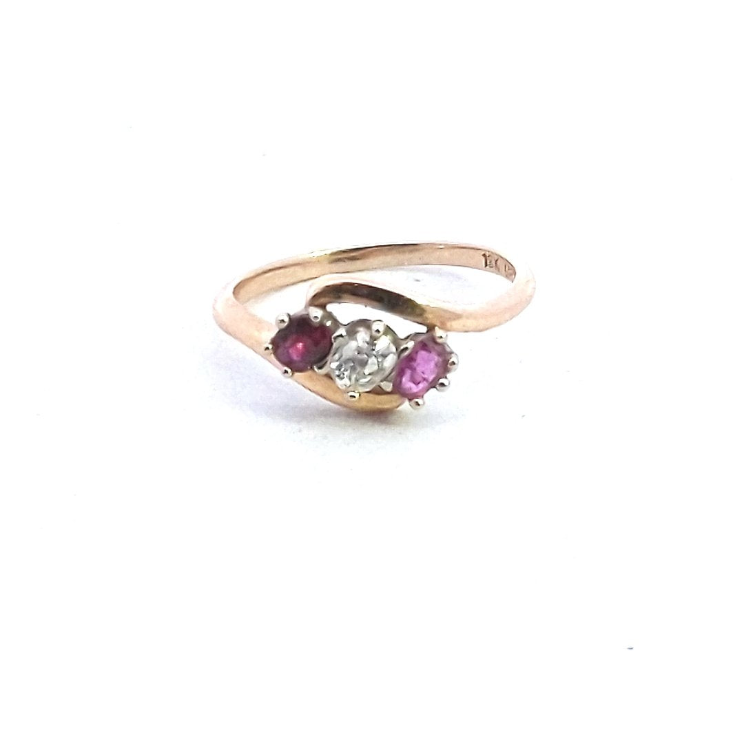Antique $790 18K Yellow Gold Diamond Ruby Bypass Crossover Ring