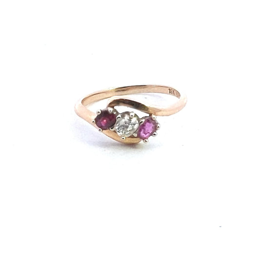 Antique $790 18K Yellow Gold Diamond Ruby Bypass Crossover Ring