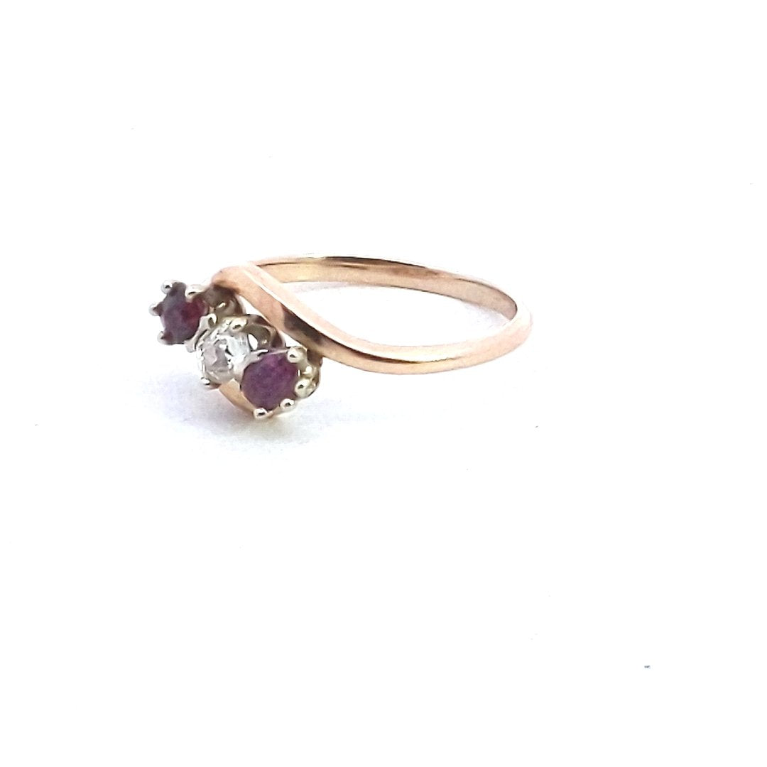 Antique $790 18K Yellow Gold Diamond Ruby Bypass Crossover Ring