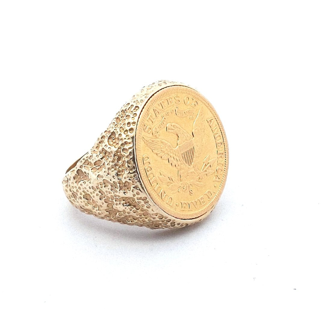 Vintage $2500 14K Yellow Gold US Gold 1901-S $5 Liberty Half Eagle 22K Coin Ring