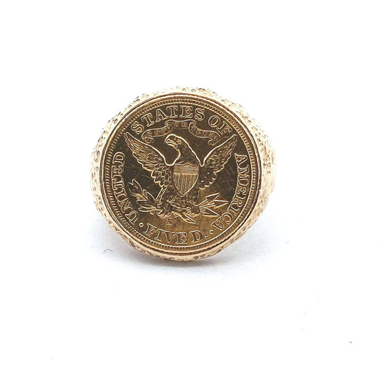 Vintage $2500 14K Yellow Gold US Gold 1901-S $5 Liberty Half Eagle 22K Coin Ring