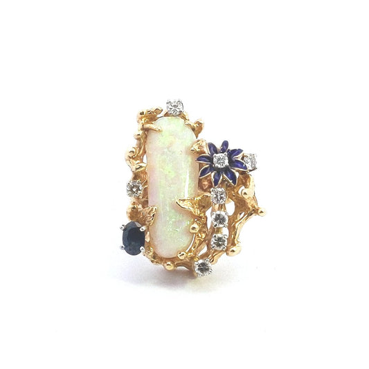 Vintage $4000 14K Yellow Gold Opal Sapphire Diamond Freeform Enamel Flower Ring