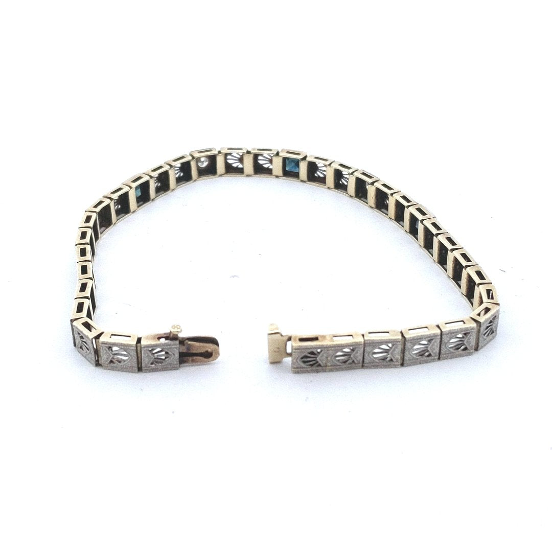 Antique Platinum Deco Natural Diamond Lab Created Sapphire Bracelet