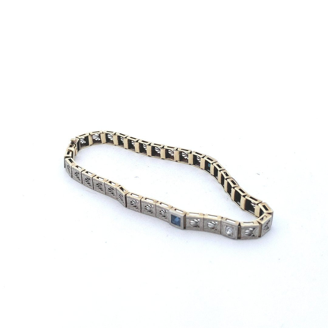 Antique Platinum Deco Natural Diamond Lab Created Sapphire Bracelet