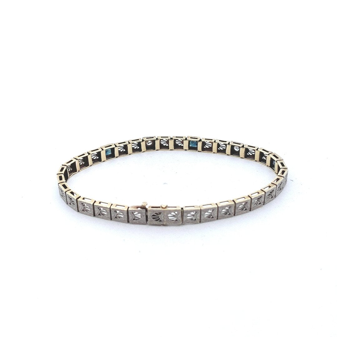 Antique Platinum Deco Natural Diamond Lab Created Sapphire Bracelet