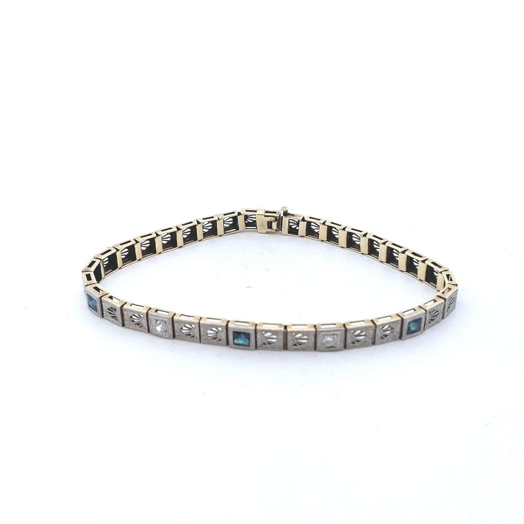 Antique Platinum Deco Natural Diamond Lab Created Sapphire Bracelet