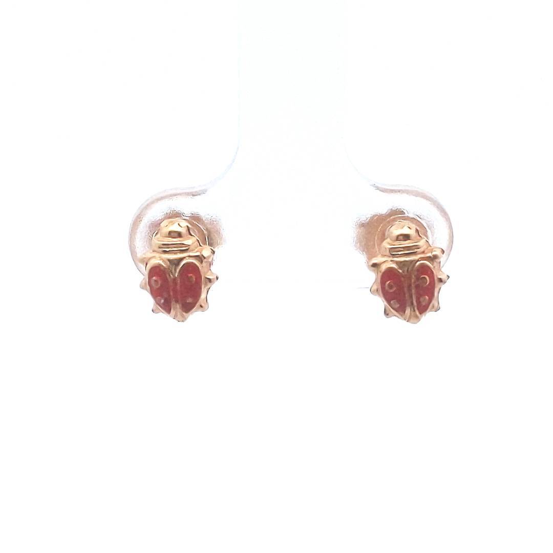 Estate $170 18K Yellow Gold Red Enamel Lady Bug Stud Earrings