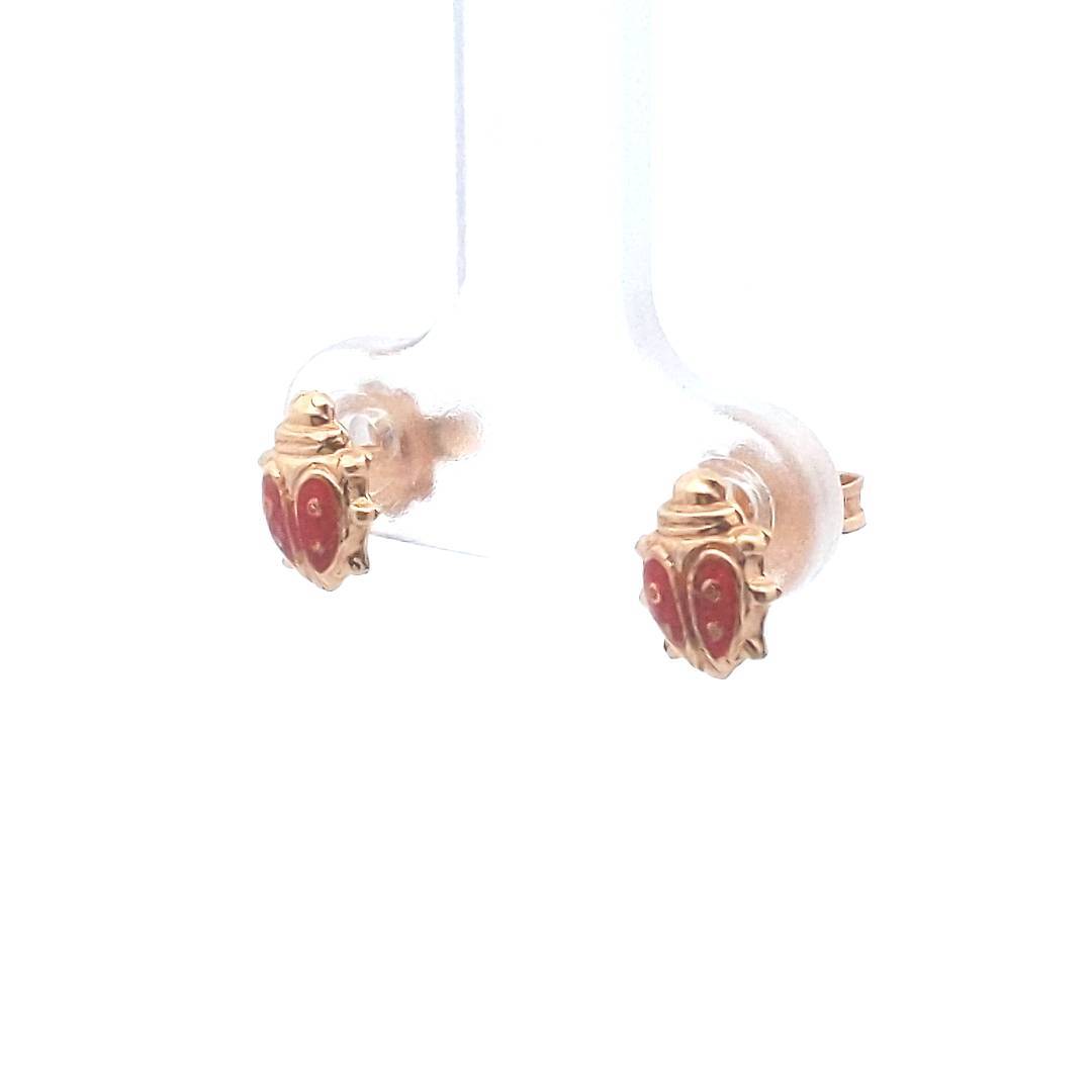 Estate $170 18K Yellow Gold Red Enamel Lady Bug Stud Earrings