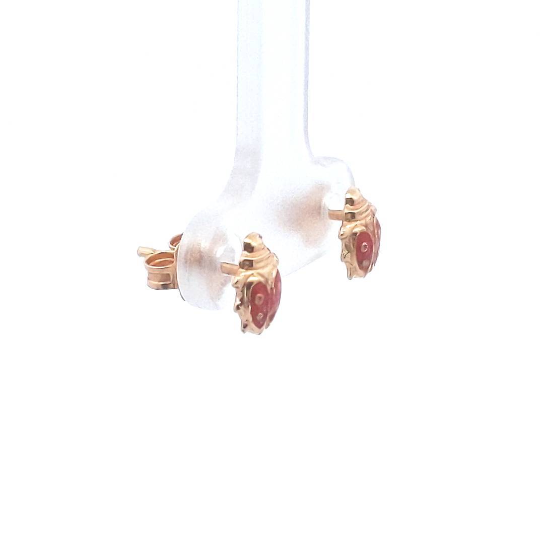 Estate $170 18K Yellow Gold Red Enamel Lady Bug Stud Earrings