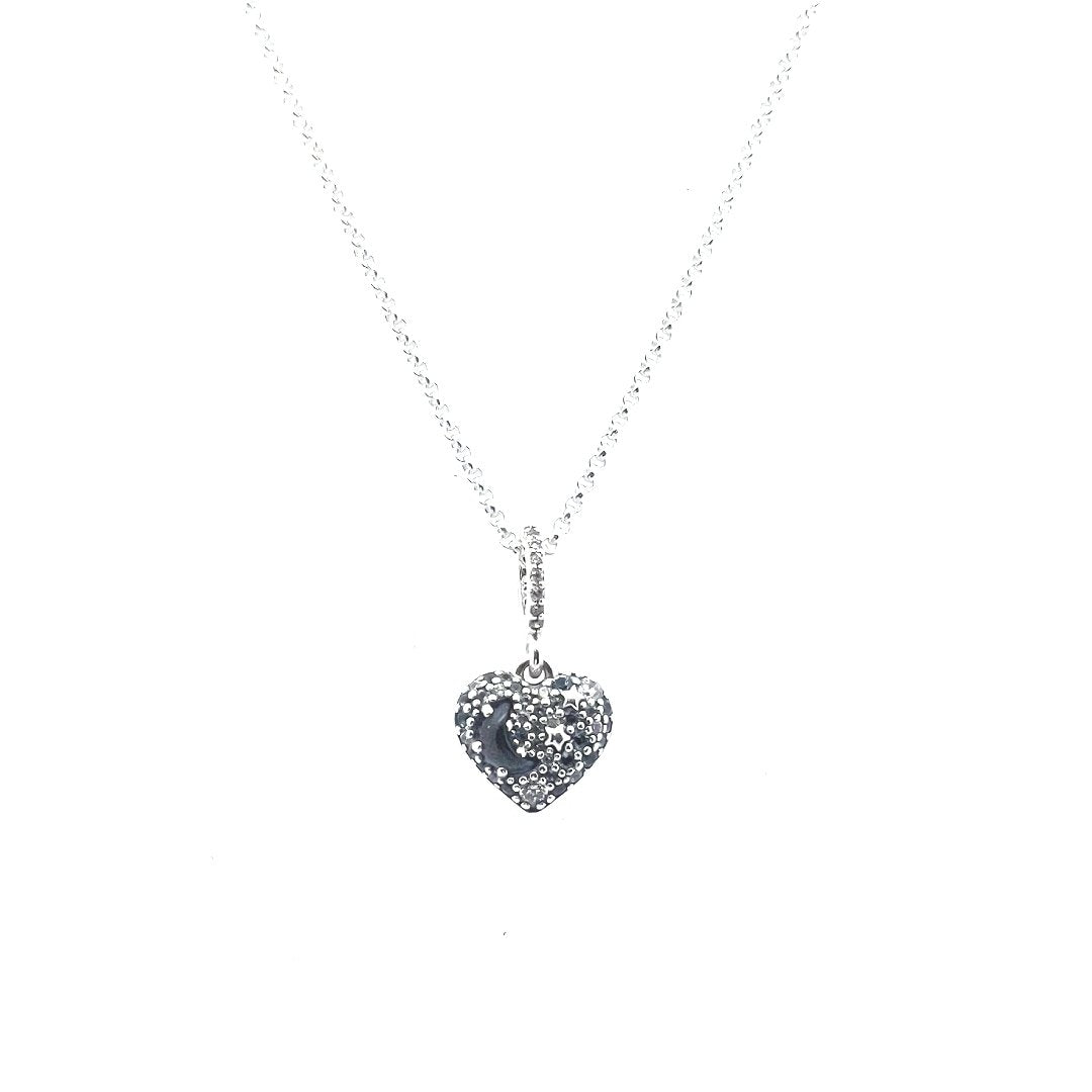 Designer $80 Sterling Pandora Blue Sparkling Moon In Heart Necklace