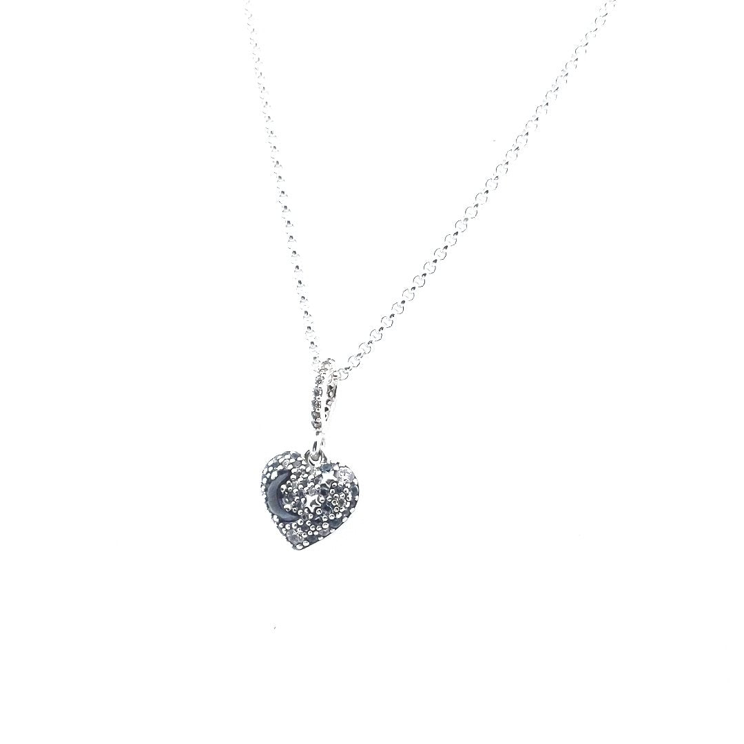 Designer $80 Sterling Pandora Blue Sparkling Moon In Heart Necklace