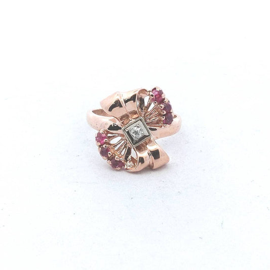 Vintage $500 14K Rose Gold Lab Ruby Natural Diamond Boco Ring