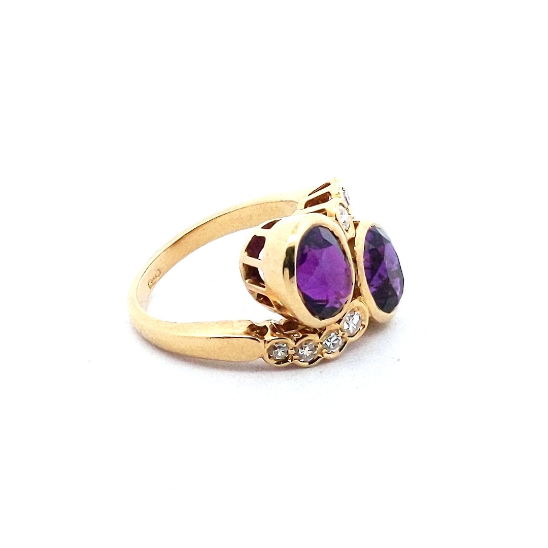 Estate 18K Yellow Gold Oval Amethyst Diamond Bypass Ring