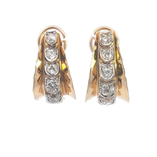 Vintage $2700 14K Yellow Gold Flared Edge Diamond Earrings