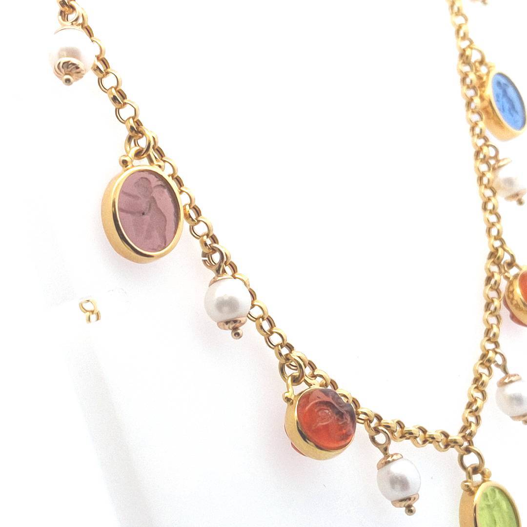 Estate $1700 14K Yellow Gold Intaglio Glass Cultured Pearl Necklace