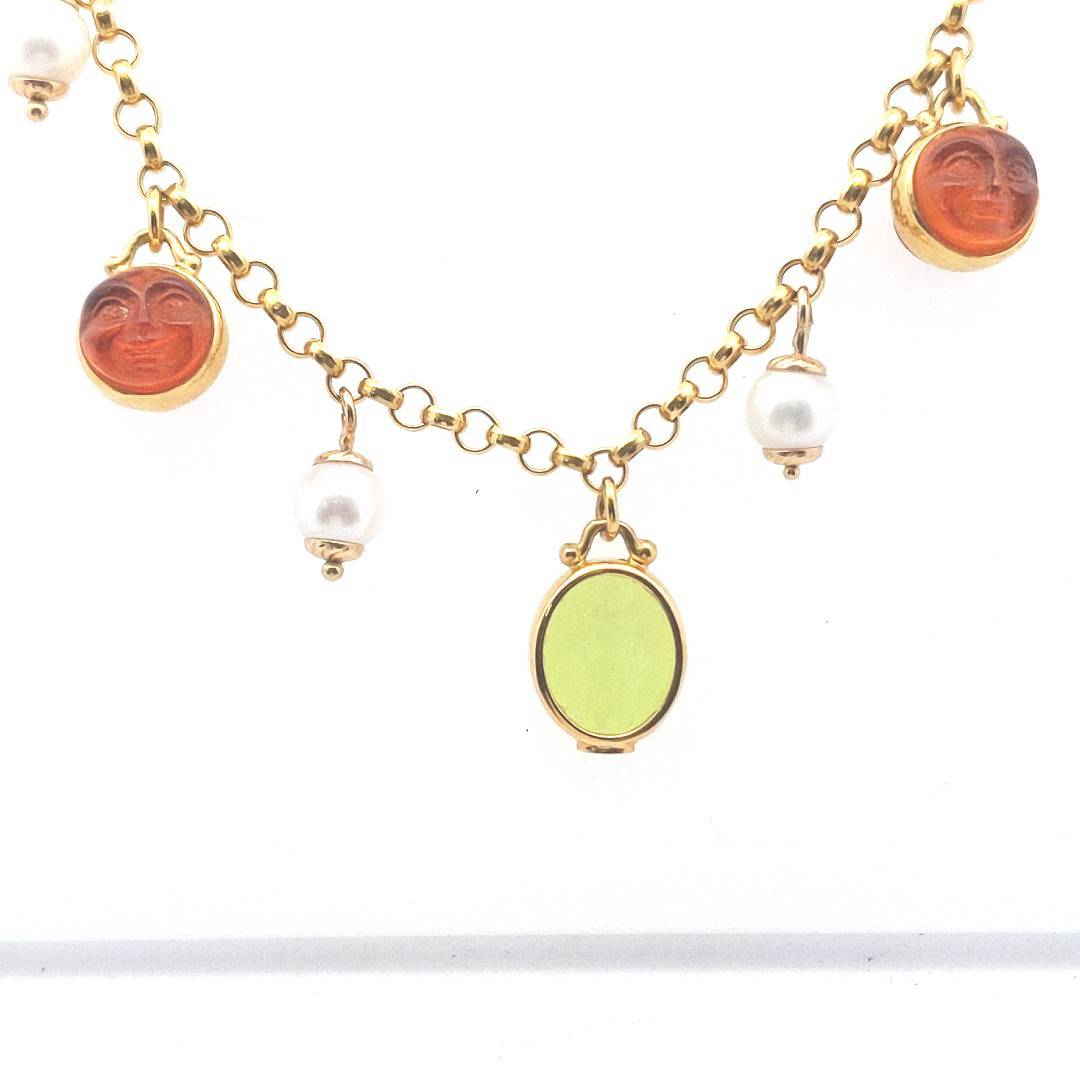 Estate $1700 14K Yellow Gold Intaglio Glass Cultured Pearl Necklace
