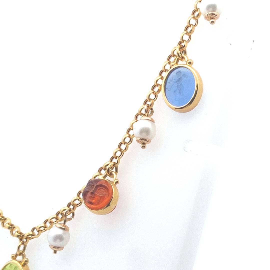 Estate $1700 14K Yellow Gold Intaglio Glass Cultured Pearl Necklace
