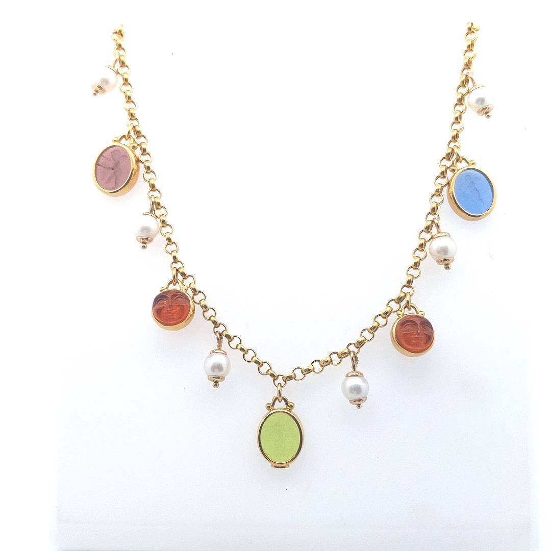 Estate $1700 14K Yellow Gold Intaglio Glass Cultured Pearl Necklace