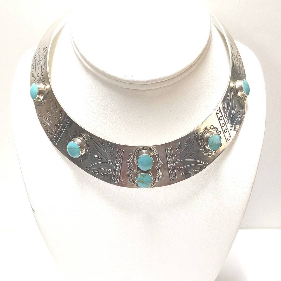 Designer HOB Sterling Silver Mexico Etched Turquoise Choker Collar