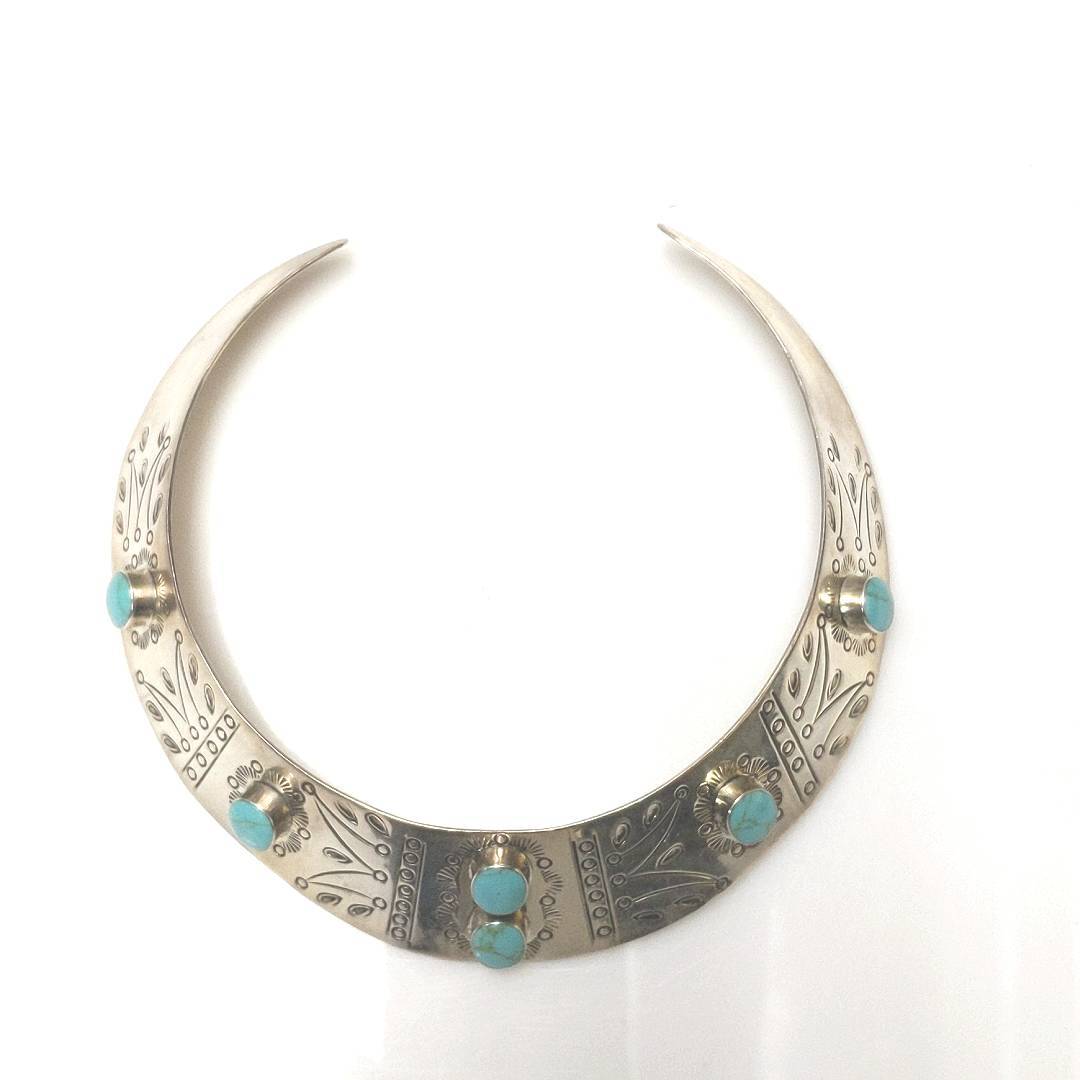 Designer HOB Sterling Silver Mexico Etched Turquoise Choker Collar