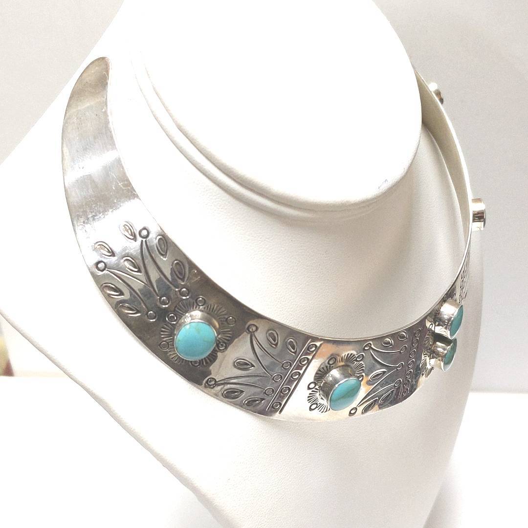 Designer HOB Sterling Silver Mexico Etched Turquoise Choker Collar