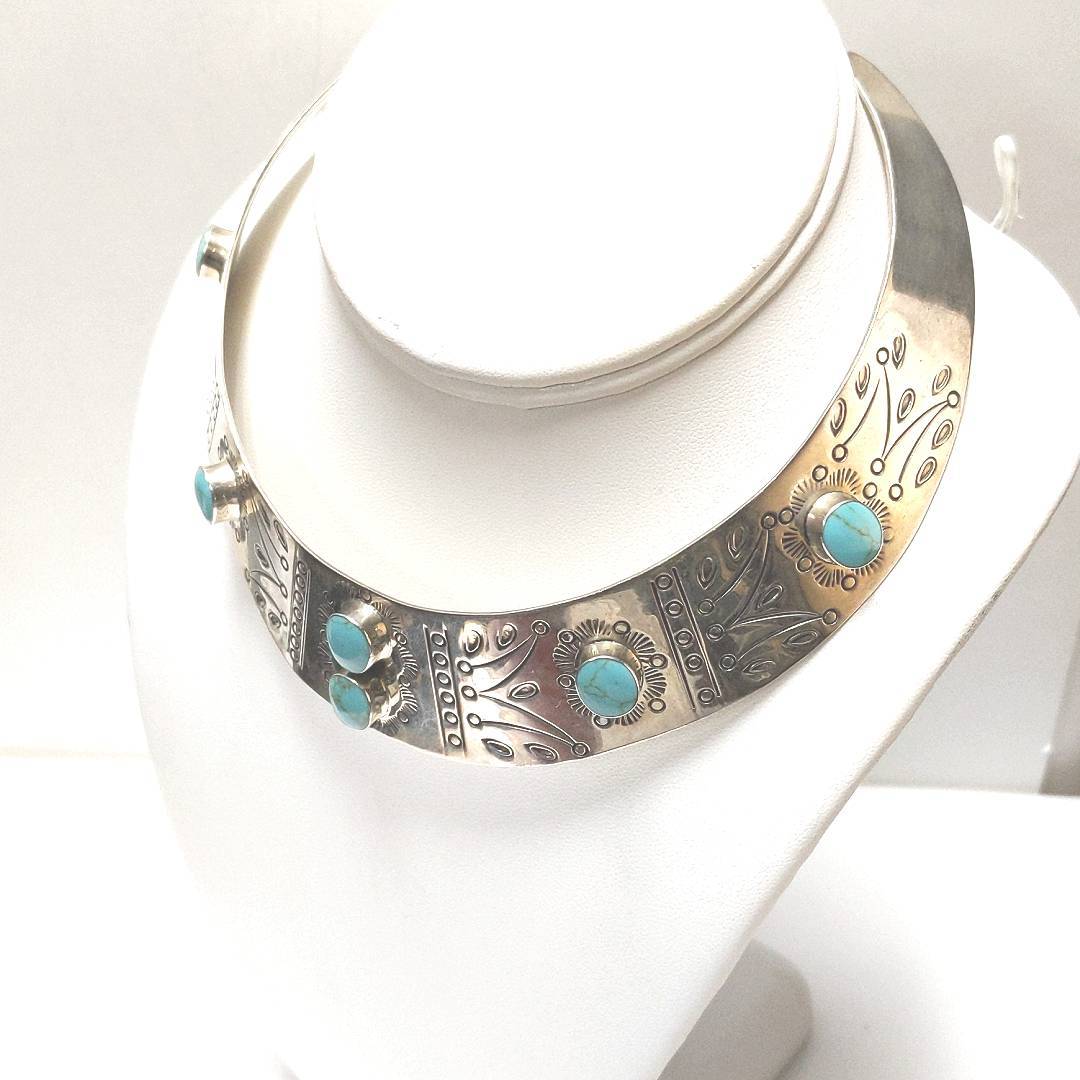 Designer HOB Sterling Silver Mexico Etched Turquoise Choker Collar