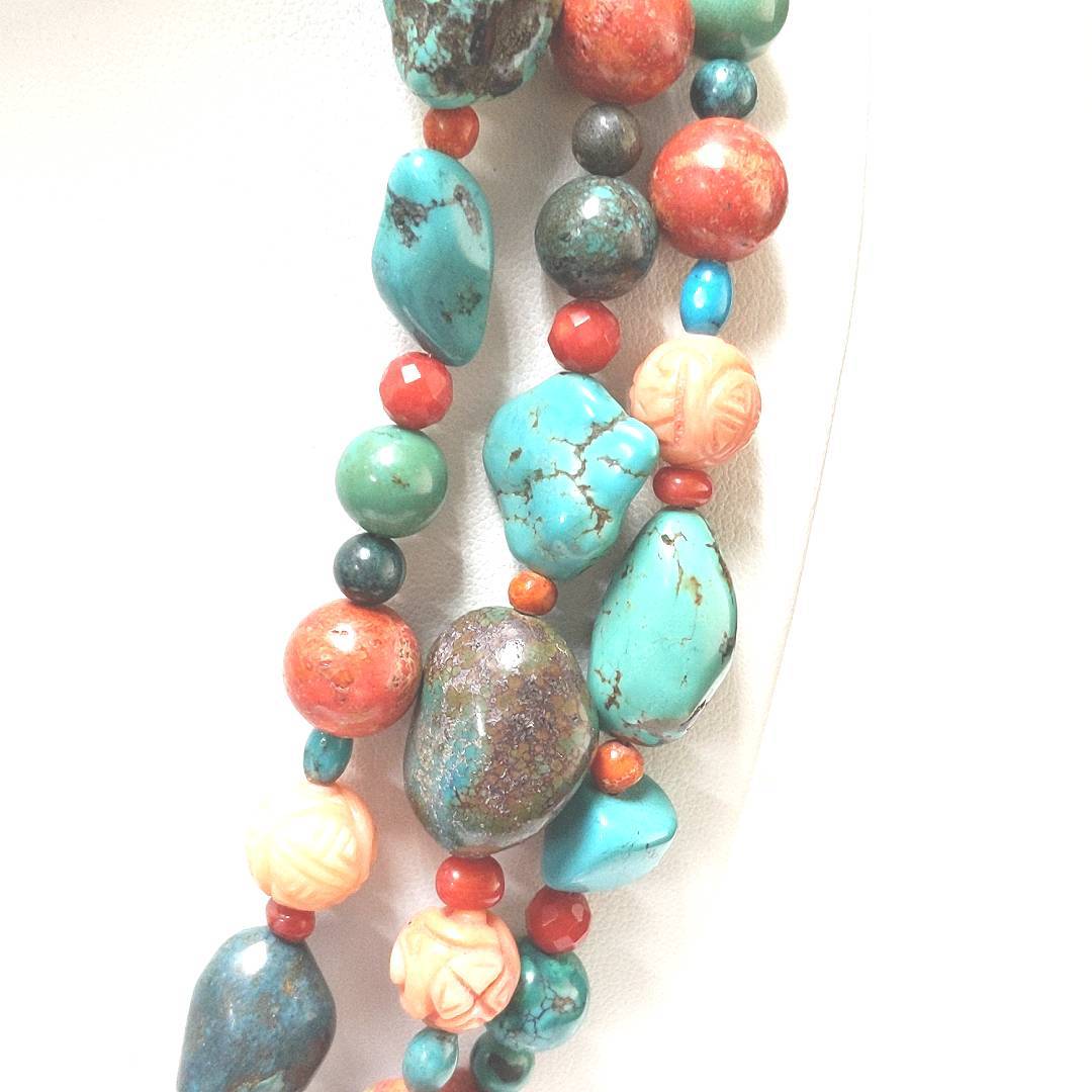 Designer Sterling Silver Jay King Triple Strand Coral Turquoise Necklace