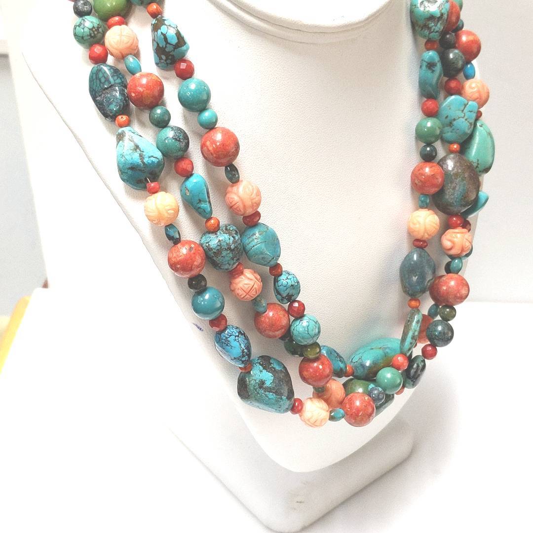 Designer Sterling Silver Jay King Triple Strand Coral Turquoise Necklace