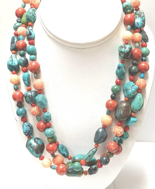 Designer Sterling Silver Jay King Triple Strand Coral Turquoise Necklace